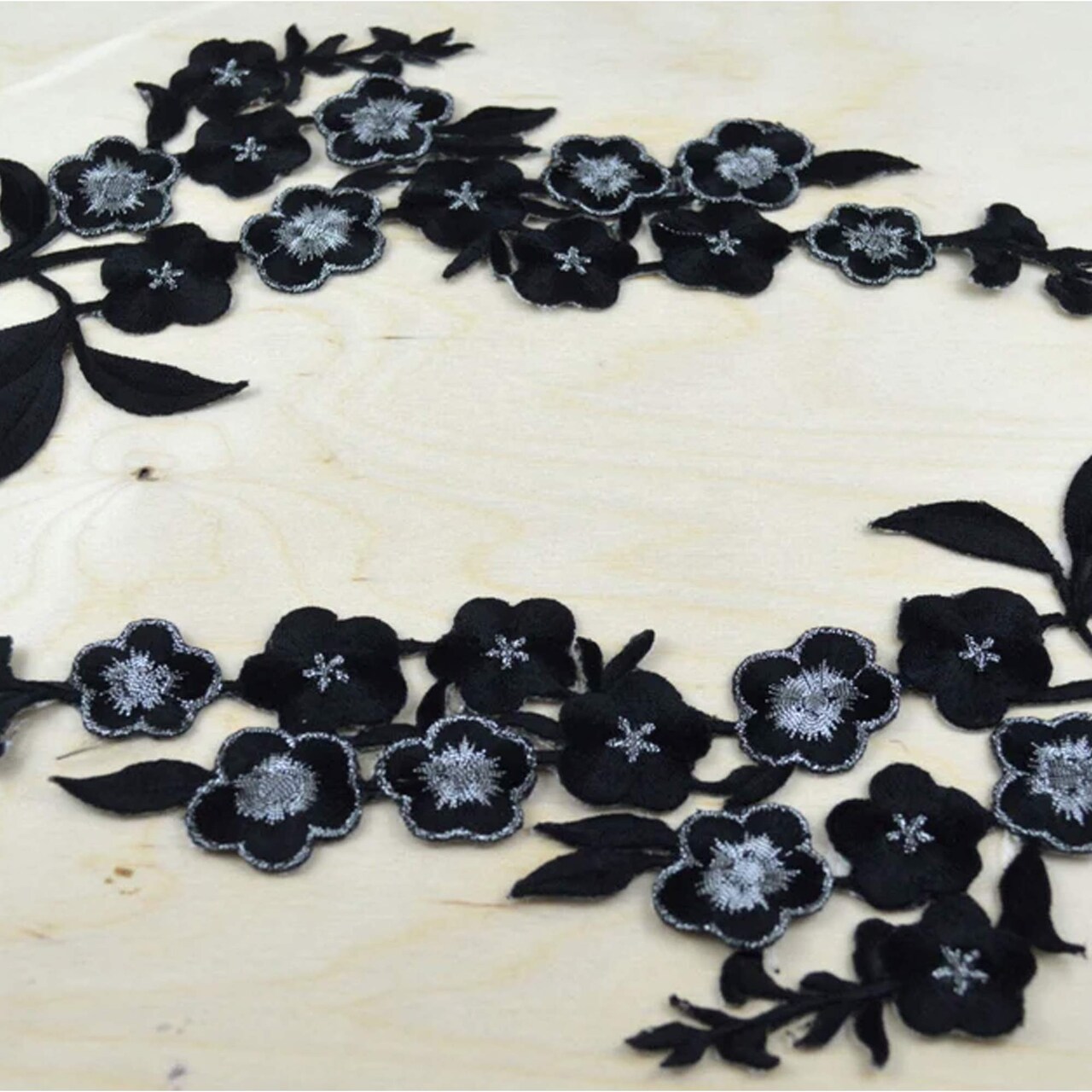 2 Pieces mirrored pair Black Silver Floral Appliqué 10.75x3" Iron On Embroidery Patches for Jackets & Crafts